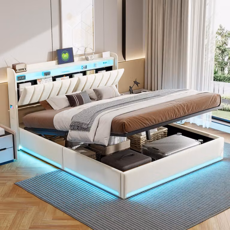UnboxG Letto matrimoniale moderno in velluto 140x200 cm con contenitore, illuminazione LED RGB e funzione di ricarica USB-C - Letto imbottito beige con ripiano sulla testata e pratica porta USB