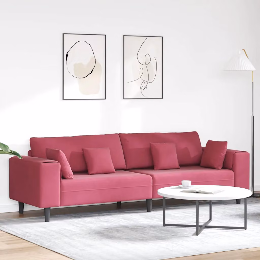 Divano moderno vidaXL in velluto rosso con cuscini, L: 250 cm, P: 77 cm, H: 76 cm
