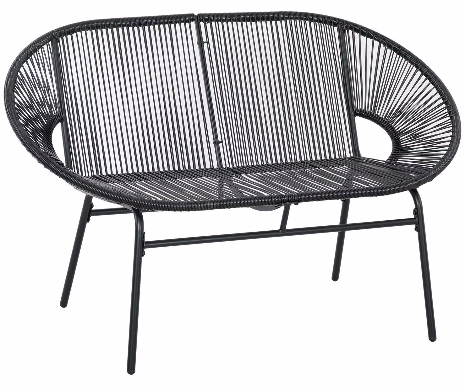 Moonbite, panca da giardino in rattan sintetico, modello a 2 posti, con struttura in acciaio resistente fino a 260 kg, braccioli curvi, dimensioni 132 × 72 × 83 cm, colore nero