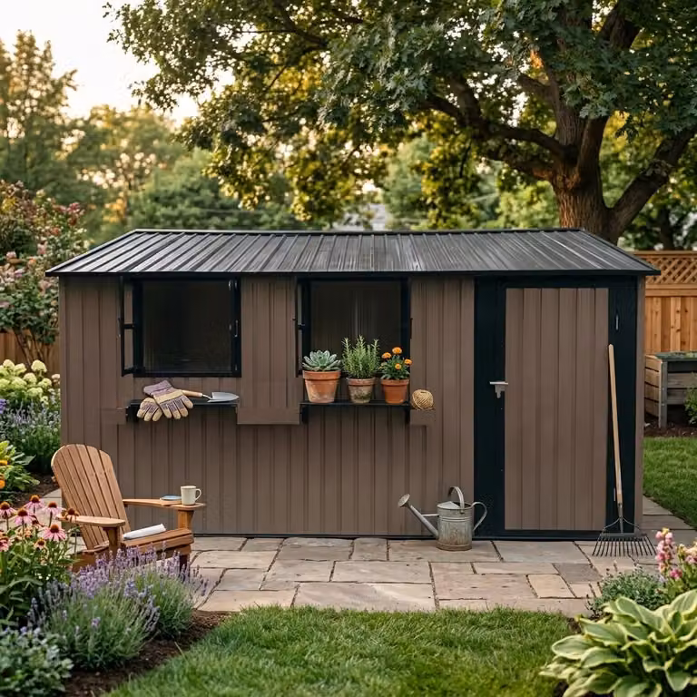 Capanno da giardino, dimensioni 359,4 x 284,2 cm, superficie 10,21 m², realizzato in acciaio zincato, dotato di 3 finestre apribili, porta doppia con serratura, portavasetti e ripiani, colore marrone e nero