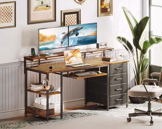 Ibenzoa® Scrivania con 2 porte USB e 2 prese di corrente – spaziosa, ideale per l'ufficio domestico e il gaming, cassetto estraibile per la tastiera, 4 cassetti in tessuto, ripiani regolabili, struttura in metallo, piano del tavolo resistente all'acqua