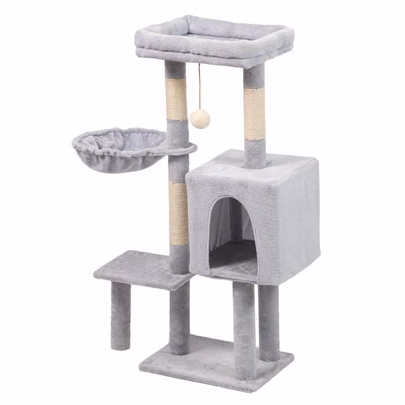 Tiragraffi per Gatti a Più Livelli 108cm, Albero per Gatti con Cuccia e Amaca, Grigio