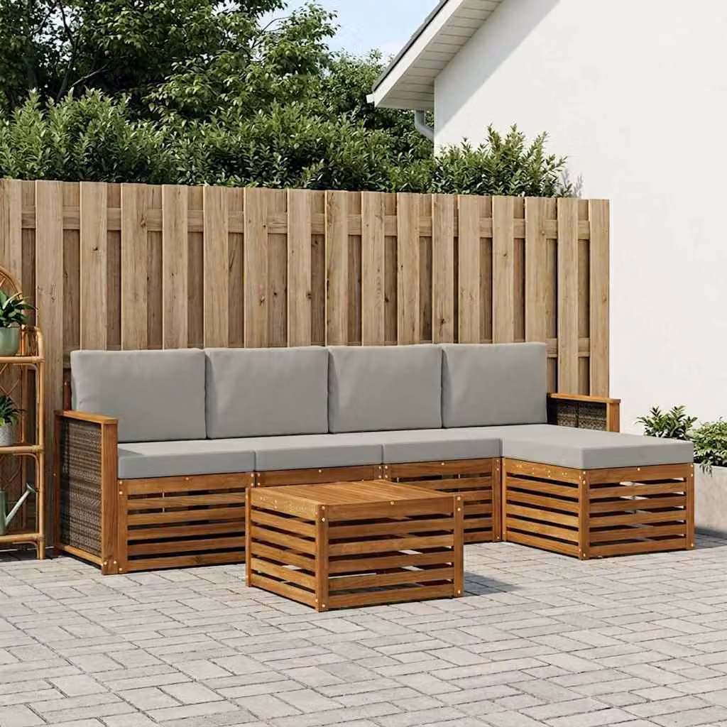 Set di divani da esterno vidaXL in legno di acacia con pouf e tavolino, 6 pezzi, beige e grigio
