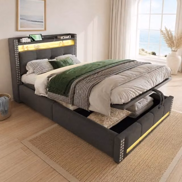 Letto Singolo Imbottito per Bambini 90x200 cm con LED e Porta USB, Testata con Ripiani e Contenitore, Sistema Idraulico, Rivestimento in Lino Grigio