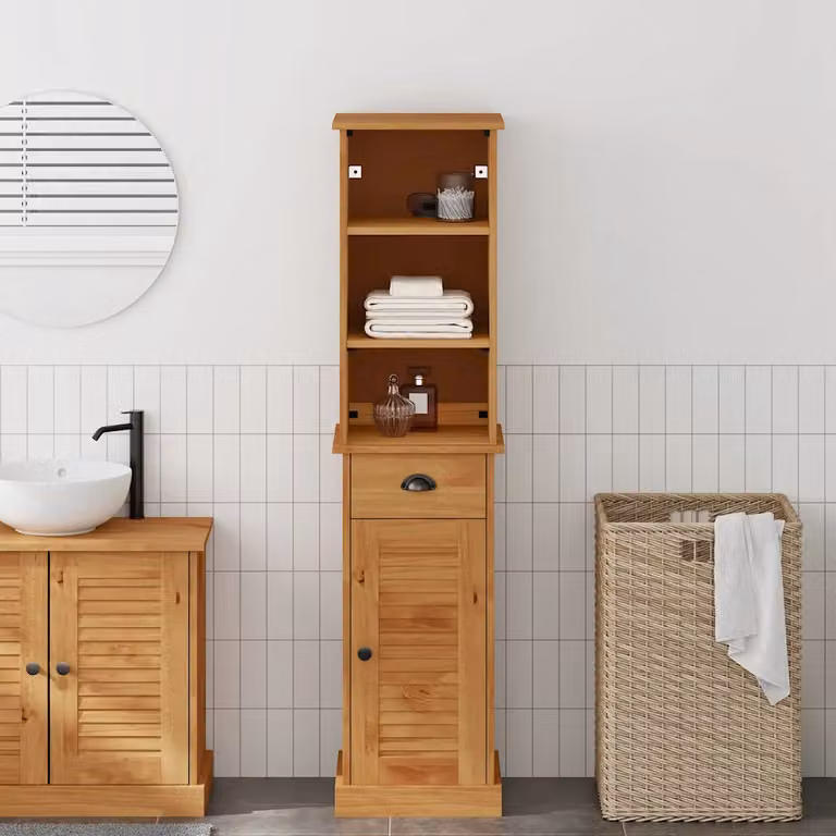 Set di mobili per il bagno vidaXL VIGO in legno di pino marrone, composto da 2 pezzi con pensile e colonna alta a parete
