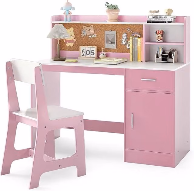 Set Scrivania e Sedia per Bambini Costway Rosa, Tavolo da Studio e Disegno in Legno e MDF con Design Moderno per Bambini dai 3 ai 6 Anni – 1