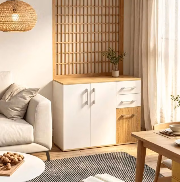 Credenza 90x30x75,5 cm in truciolare bianco e naturale, salvaspazio -