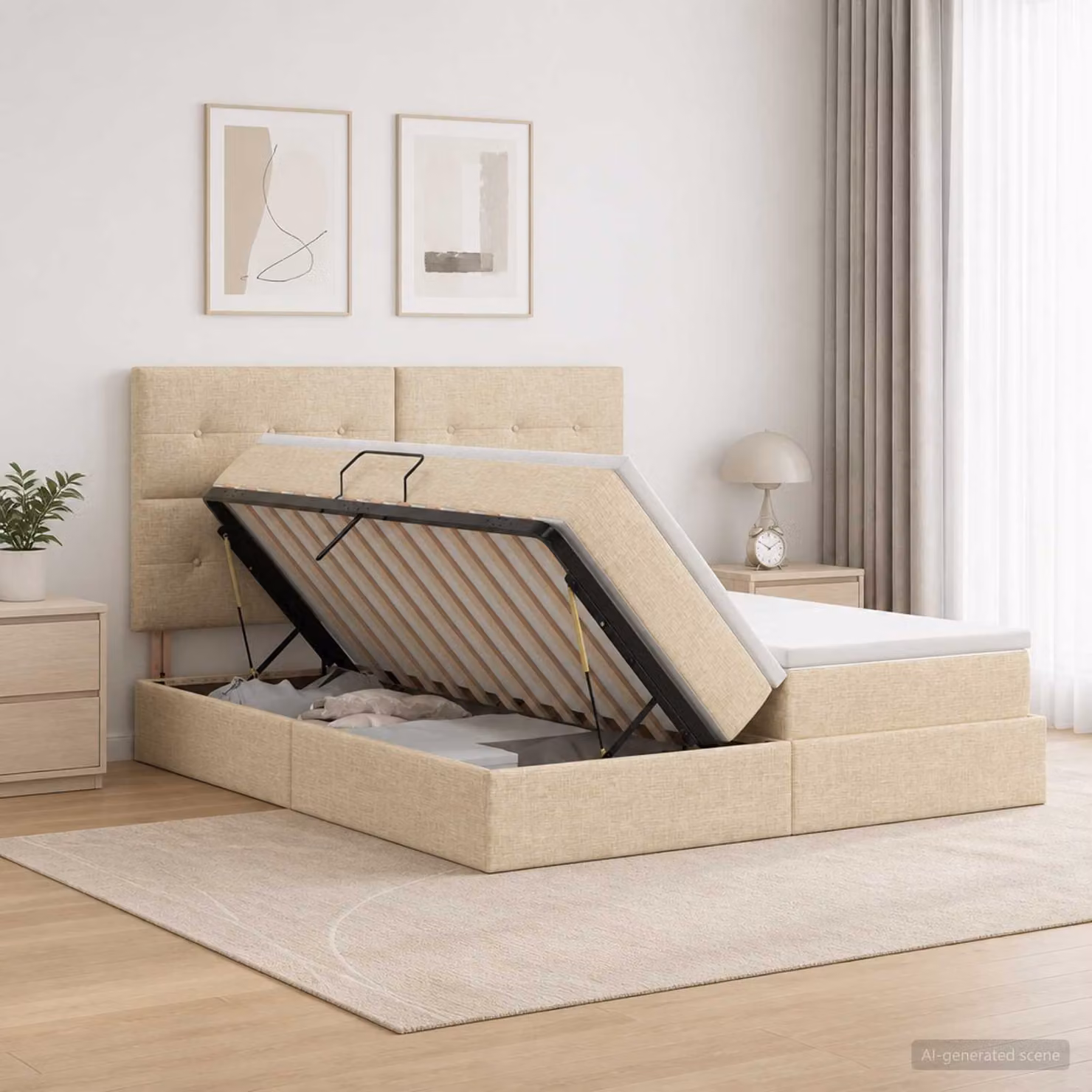 Letto con contenitore e testiera vidaXL in tessuto beige L/P/H: 200 x 200 x 140 cm