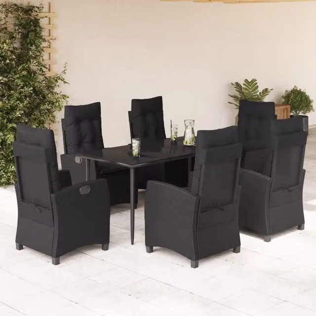 Set da Pranzo da Giardino VIDAXL in Polyrattan Nero con Tavolo in Vetro e 7 Sedute con Cuscini