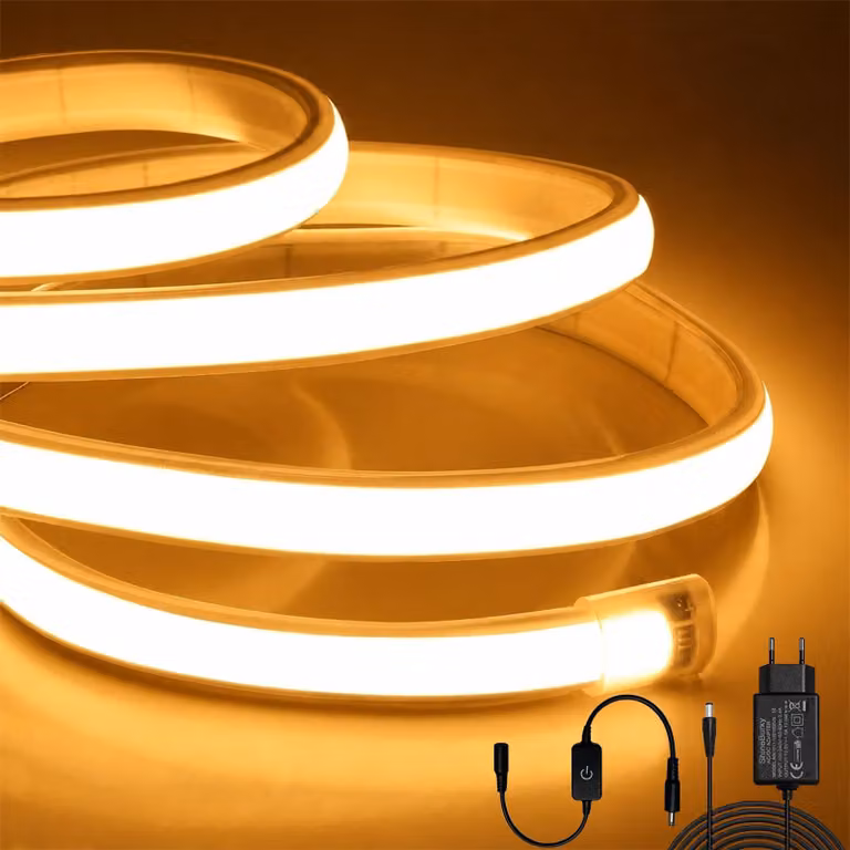 Striscia LED neon COB, 5 metri, 12 V, luce bianco caldo 3000 K, regolabile