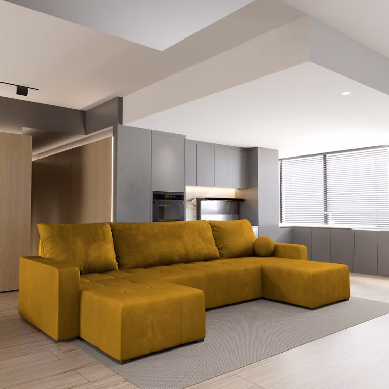 Divano angolare Masseno TOLARI con funzione letto a U, divano con box letto, divano da soggiorno, divano, divano letto, set di divani - giallo, KRONOS 01