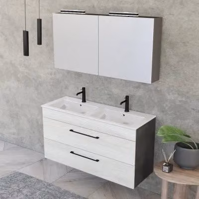 Mobile bagno sospeso INBAGNO Smart bianco e legno con specchio contenitore e illuminazione LED L/P/H: 118 x 42 x 62 cm
