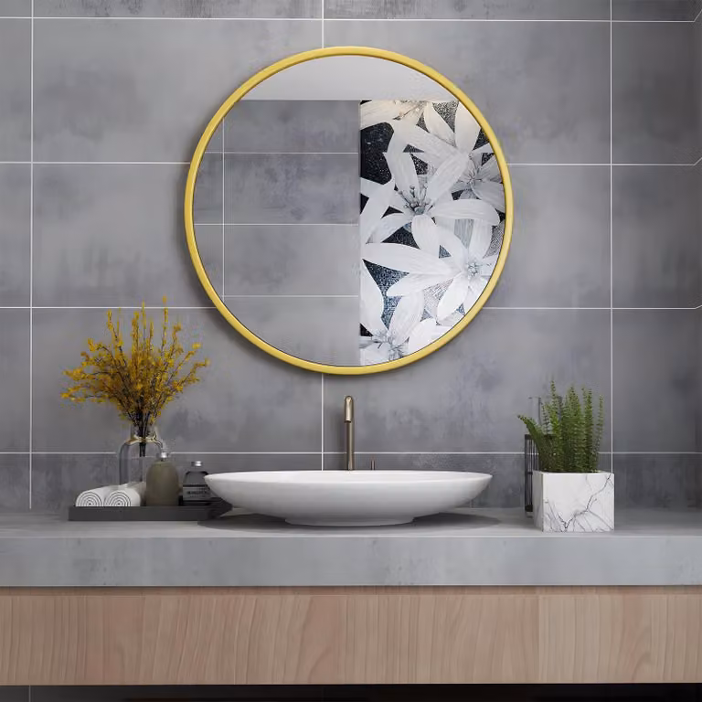 Specchio da parete rotondo, 70x70 cm, con cornice in metallo dorato, senza illuminazione