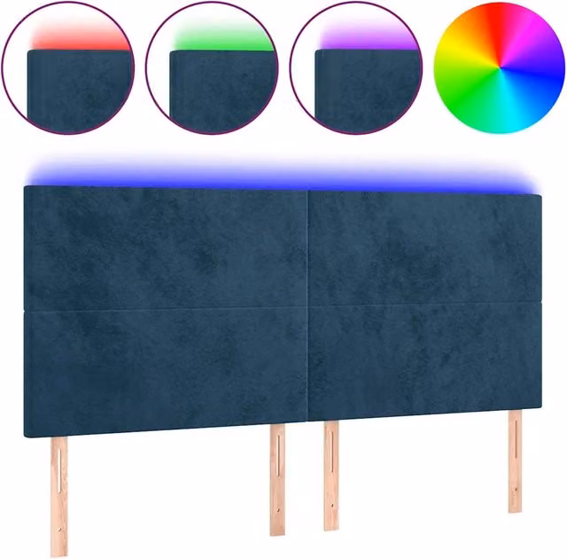 Testiera moderna in velluto blu scuro con illuminazione LED integrata e porta di ricarica USB, L: 200 cm, P: 5 cm, H: 118/128 cm – 1