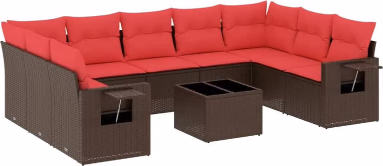 Set Divani da Giardino 10 pz con Cuscini Marrone in Polyrattan