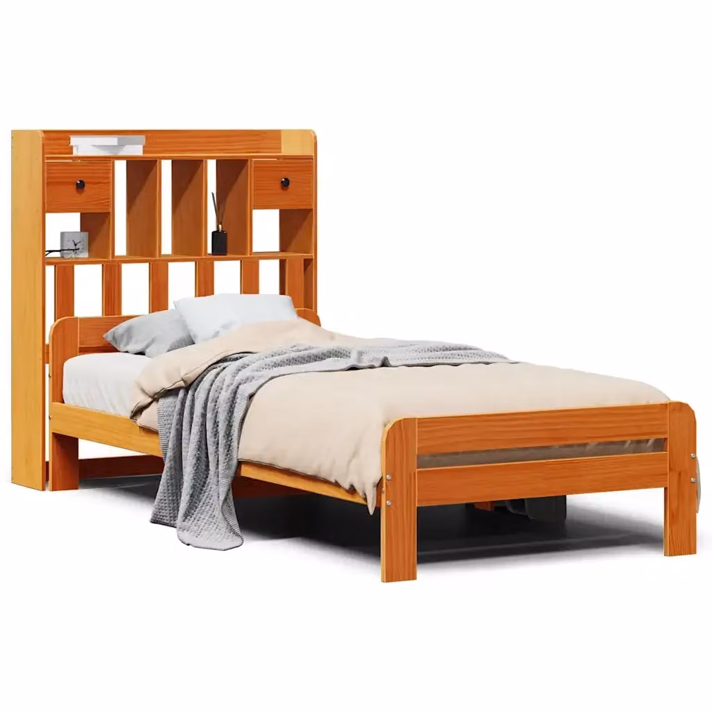 Letto Libreria VIDAXL in Legno di Pino Marrone Cera con Ripiani e Doghe, L: 75 cm, P: 190 cm, H: 110 cm – 2
