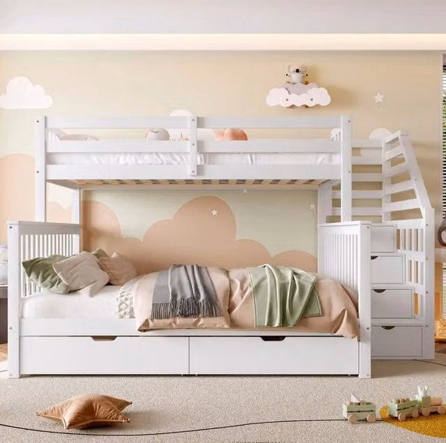 Letto a castello 90x200 e 140x200 cm in pino bianco con cassetti