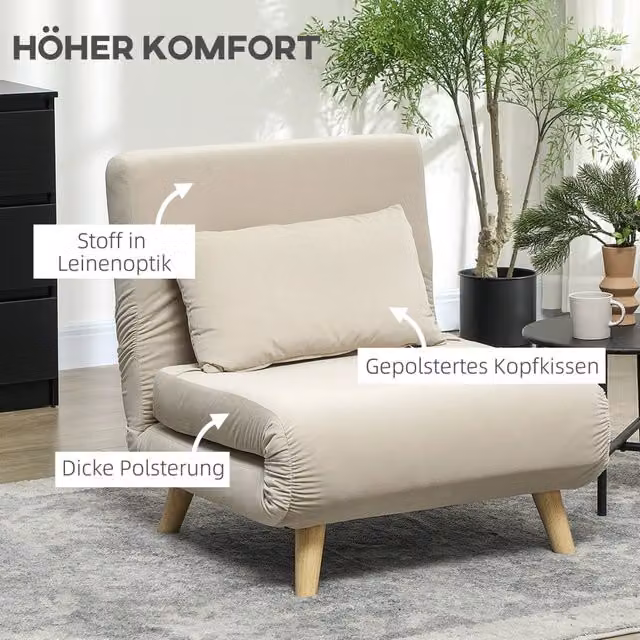 Poltrona letto REDOM in velluto beige con schienale regolabile e struttura in metallo e legno, L: 72 cm, P: 78 cm, H: 79 cm