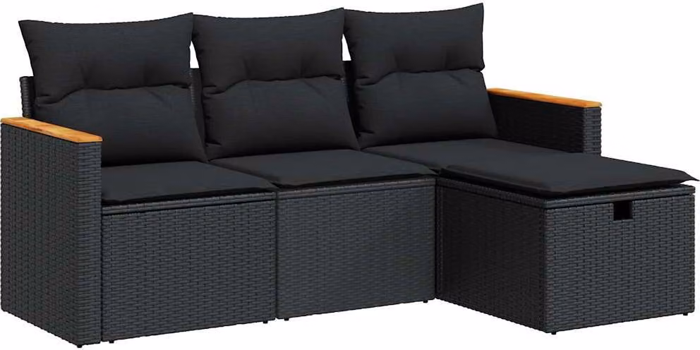 Set Divani da Giardino 4 pz con Cuscini Nero in Polyrattan