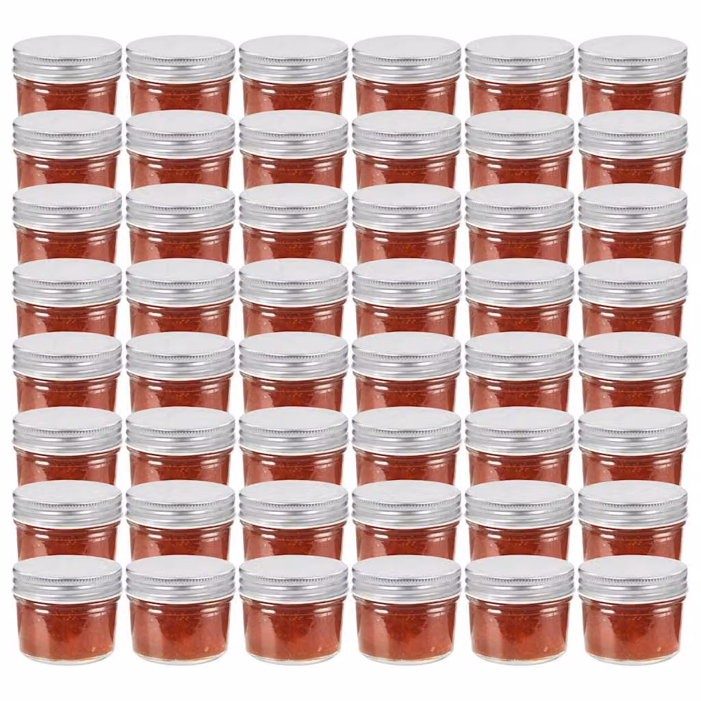 Set di 48 vasetti per marmellata in vetro trasparente con coperchio argento vidaXL, 110 ml ciascuno