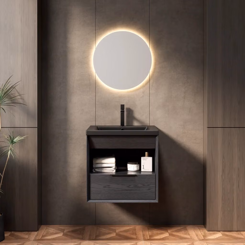 Mobile lavabo bagno sospeso WISHDOR in legno rovere e ceramica nera opaca con cassetto e mensola L/P/H: 63 x 55 x 59 cm – 2