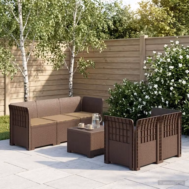 Set da giardino vidaXL a forma di L con divano da 5 posti, elemento angolare e tavolino da caffè in rattan marrone e cuscini beige resistenti ai raggi UV