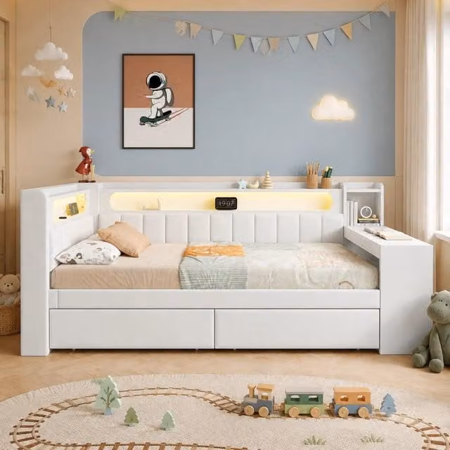 Letto giorno 90x200 con USB; LED; scrivania e 2 cassetti; bianco