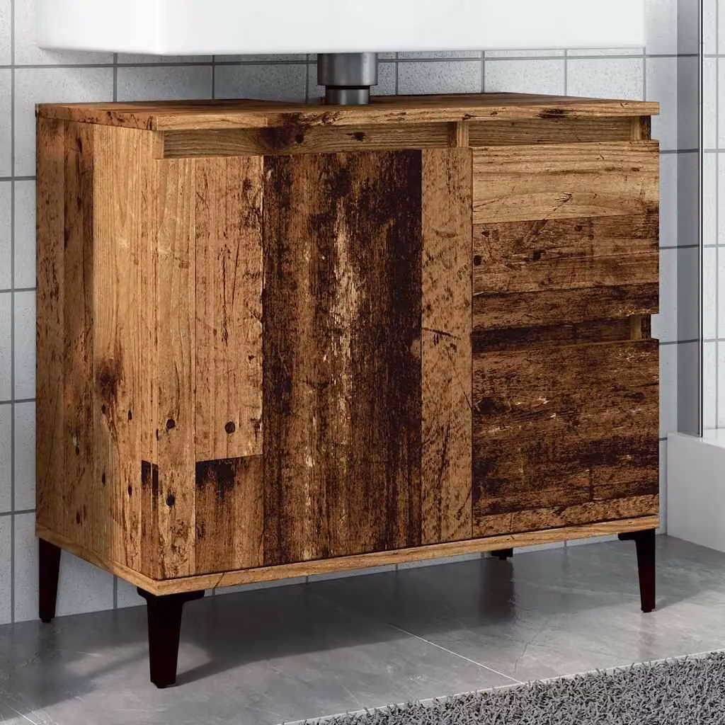 Sottolavabo Mobile da Bagno vidaXL in Legno Antico Marrone con Ante e Cassetti L/P/H: 65 x 33 x 60 cm