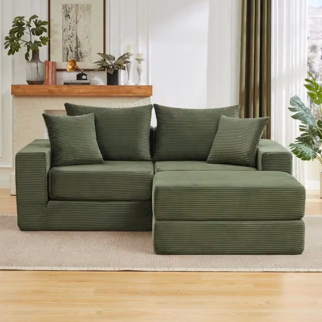 Divano modulare verde in velluto a coste, 259,5 cm, configurabile e trasformabile in letto