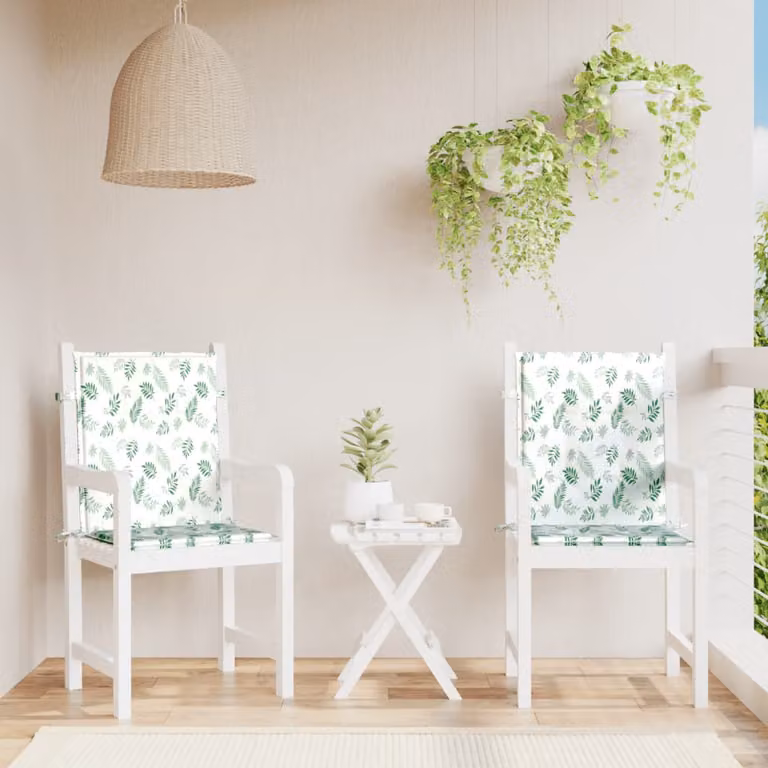 Set di 2 cuscini per sedia con schienale basso vidaXL, motivo foglie, verde e bianco, in tessuto resistente all'acqua e ai raggi UV