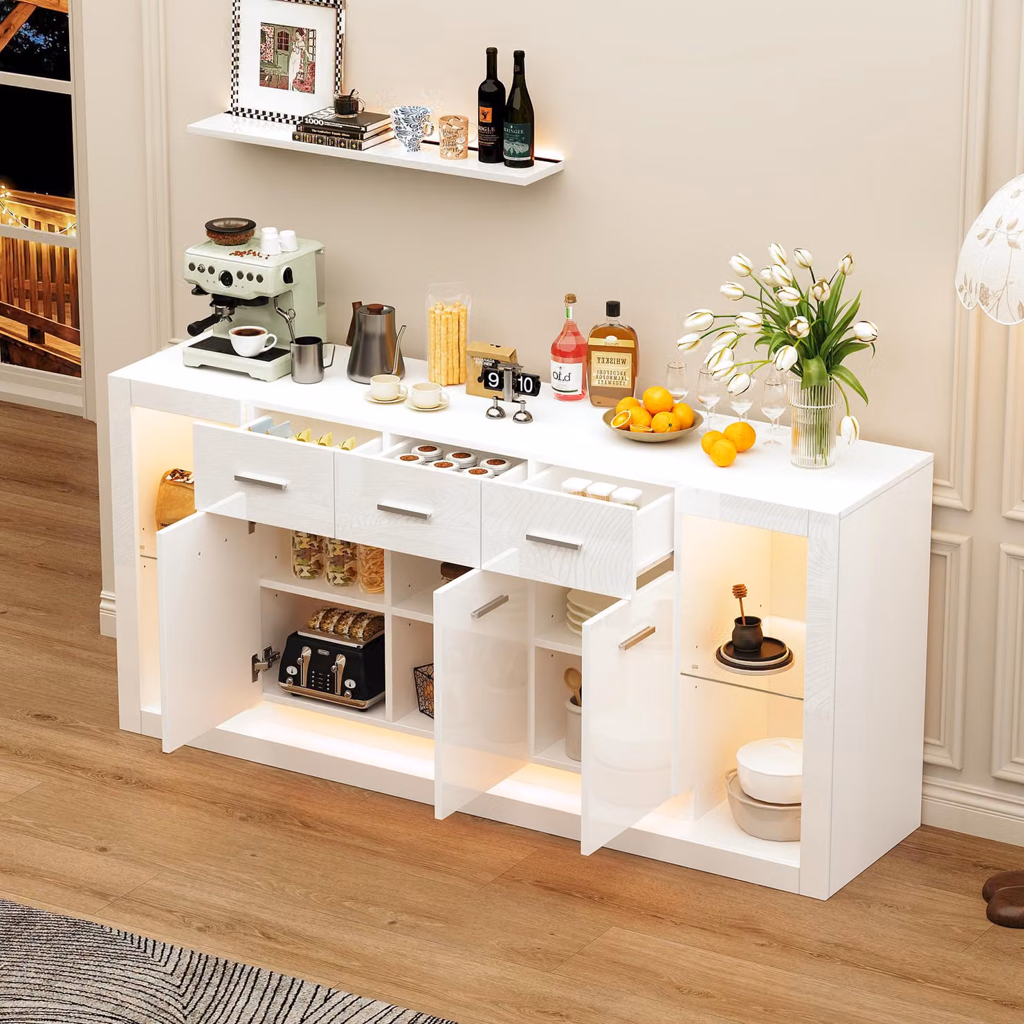 okwish Credenza con 3 cassetti, comò con illuminazione a LED e scomparti portaoggetti, mobile soggiorno con ripiano in vetro temperato, bianco