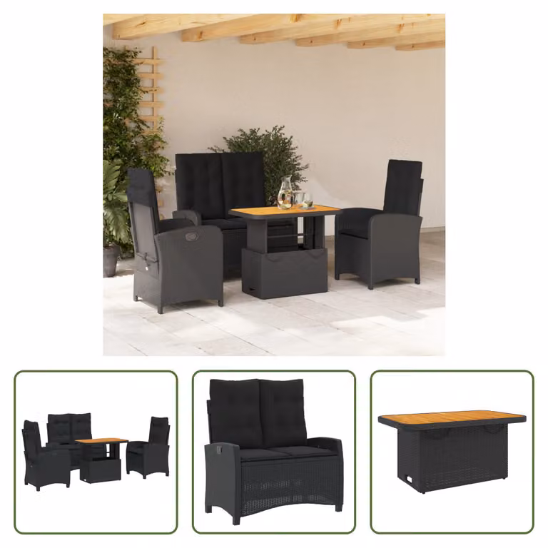 The Living Store Set da pranzo da giardino 4 pezzi con cuscini in poly rattan nero