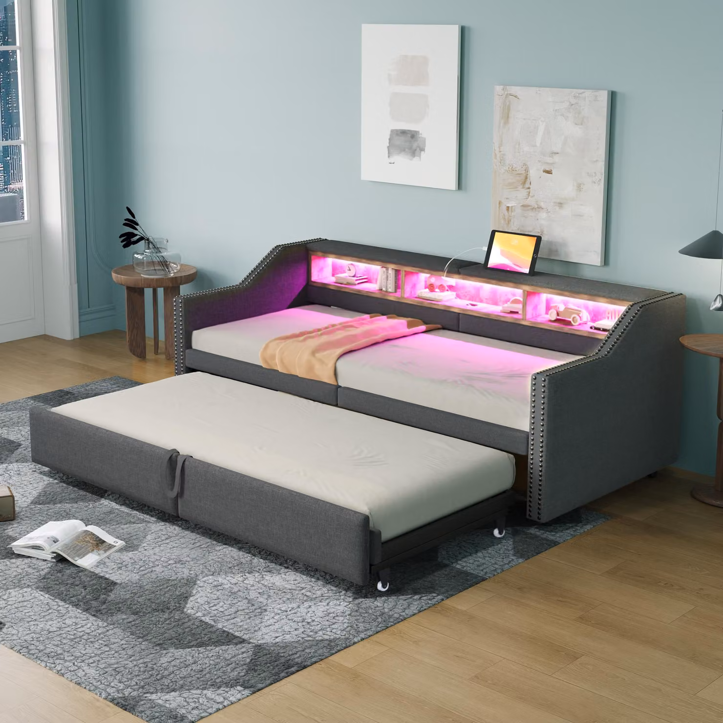 Divano letto STILVORA con funzione letto, letto imbottito 90x200 con letto estraibile, divano letto estraibile con luce a LED e presa USB, base letto con rete a doghe, senza materasso