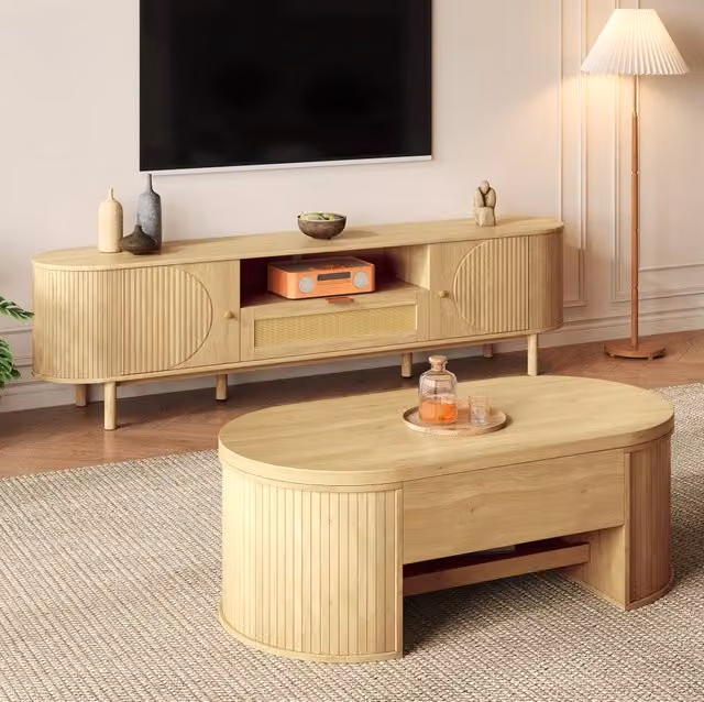 Set di mobili da soggiorno con tavolino ad altezza regolabile e mobile TV in MDF; finitura legno
