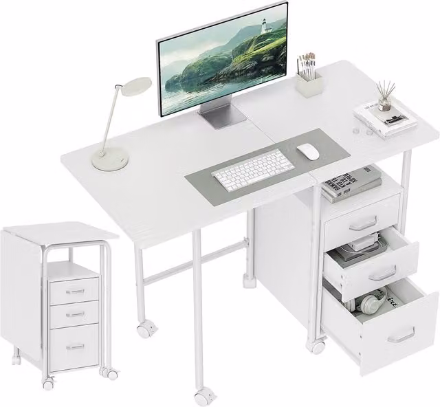 Scrivania per computer Minimal con cassetti e ruote, Bianco, L: 105 cm, P: 51 cm, H: 75,5 cm