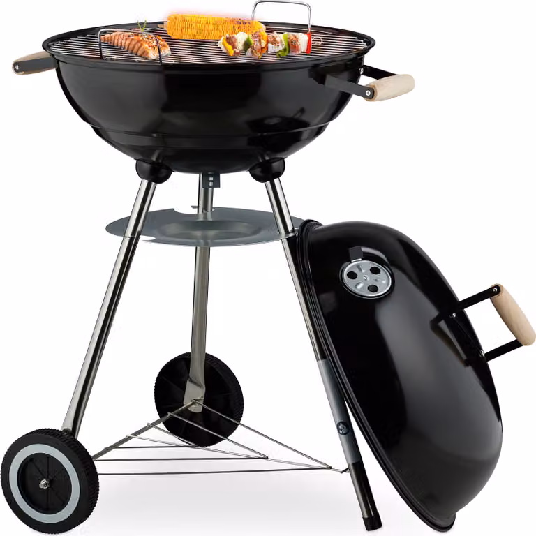 Barbecue a sfera Relaxdays, griglia Ø 44 cm, barbecue da esterno, barbecue a carbonella con ruote e base, vaschetta di raccolta, affumicatore, nero