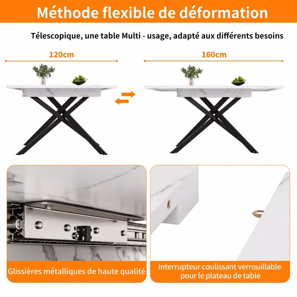 Tavolo allungabile OKWISH moderno per cucina e soggiorno con gambe a X in metallo, bianco e nero, L: 120 cm, P: 80 cm, H: 76,5 cm – 2