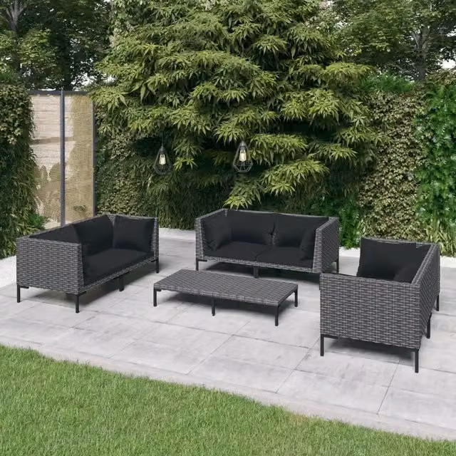 Set di Divani da Giardino a L con Tavolino vidaXL, 7 Pezzi in Polyrattan Grigio e Nero con Cuscini Inclusi – 1