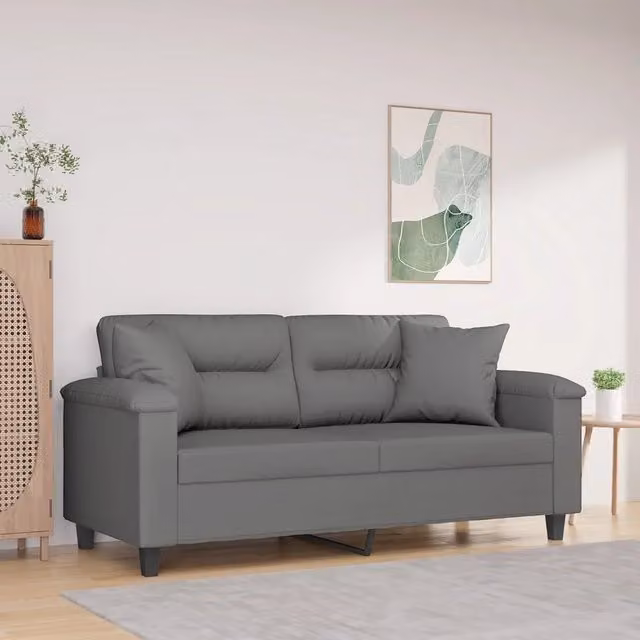Divano a 2 posti moderno vidaXL in tessuto microfibra grigio con cuscini e struttura in metallo – 1