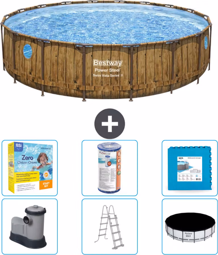 Piscina Bestway Round Power Steel Swim Vista - stampa su legno - 549 x 122 - compresa pompa - scaletta - copertura pacchetto manutenzione - filtro - piastrelle per pavimento