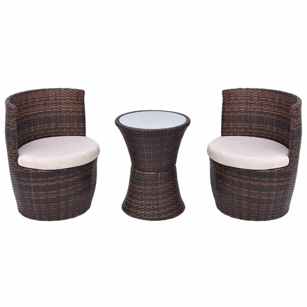 Set da Bistrot 3 pz con Cuscini in Polyrattan Marrone