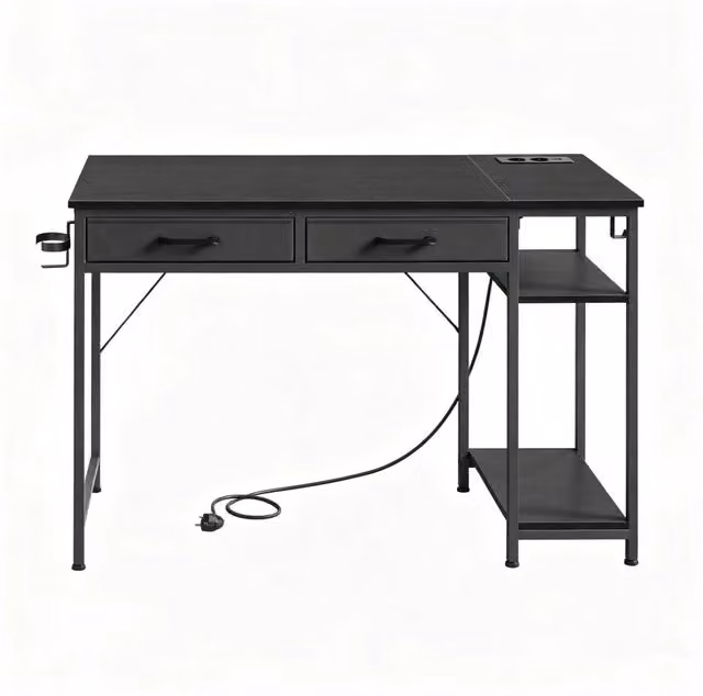 Scrivania informatica 120x51 cm nera in melaminico e metallo con ripiani e prese