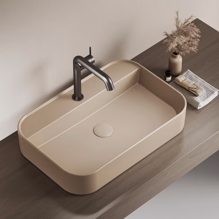 Lavabo in Vetroceramica EMKE, lavabo sospeso, lavabo da appoggio, beige opaco, 60x40x11 cm