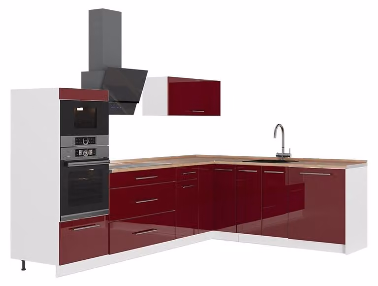 Cucina angolare completa Vicco Fame-Line Bordeaux lucido/Bianco 287 x 207 cm, PL Rovere, Model 63542