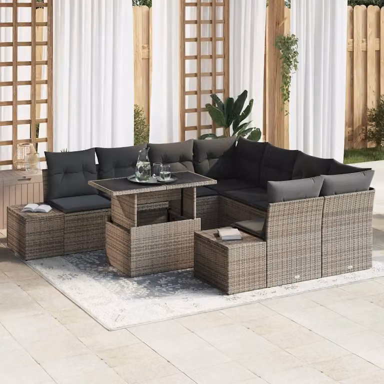 Set Divano da Giardino vidaXL 9 Pezzi in Polyrattan Grigio con Cuscini e Tavolino