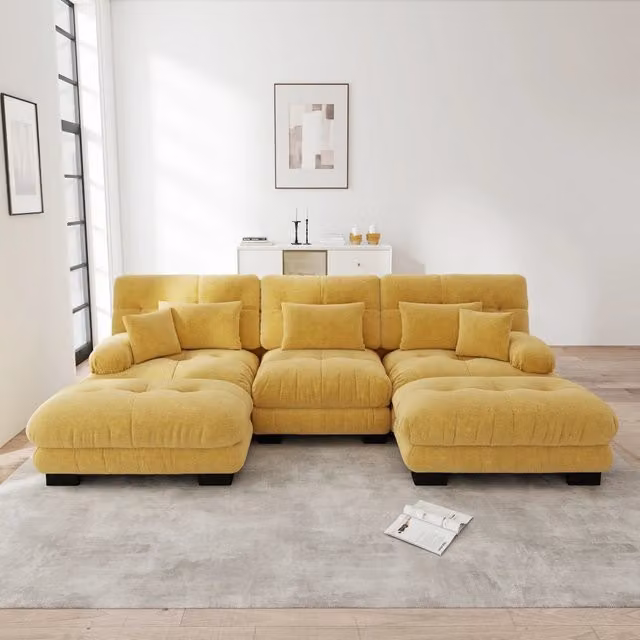 Divano panoramico modulare Mivray in tessuto giallo con ottomane mobili, configurabile a U, L o lineare per il tuo soggiorno