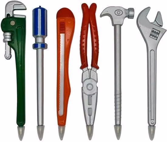 Set di attrezzi da 6 pezzi: metallo, nero, materiale di fissaggio, supporto metallico, cacciavite, pinza, pialla, martello, cacciavite