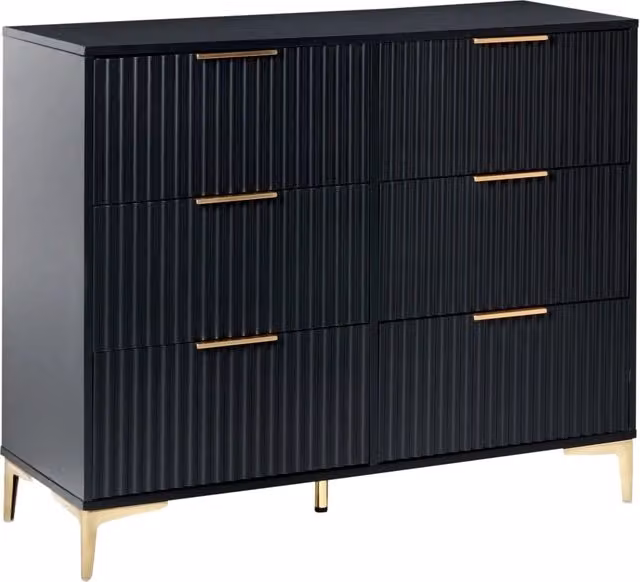 Cassettiera nero MDF 6 Cassetti Gambe in Metallo Maniglie Fronti Scanalati Design Moderno Camera da Letto Soggiorno