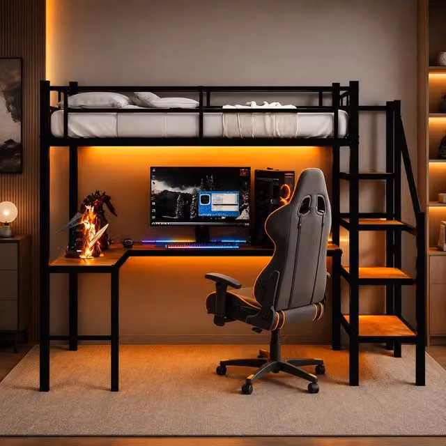 Letto a soppalco in ferro con scrivania a L; scaffali e scala contenitore; nero 197×98×175;5 cm