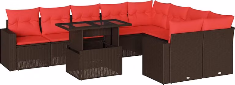 Set Divani da Giardino 10 pz con Cuscini Marrone in Polyrattan